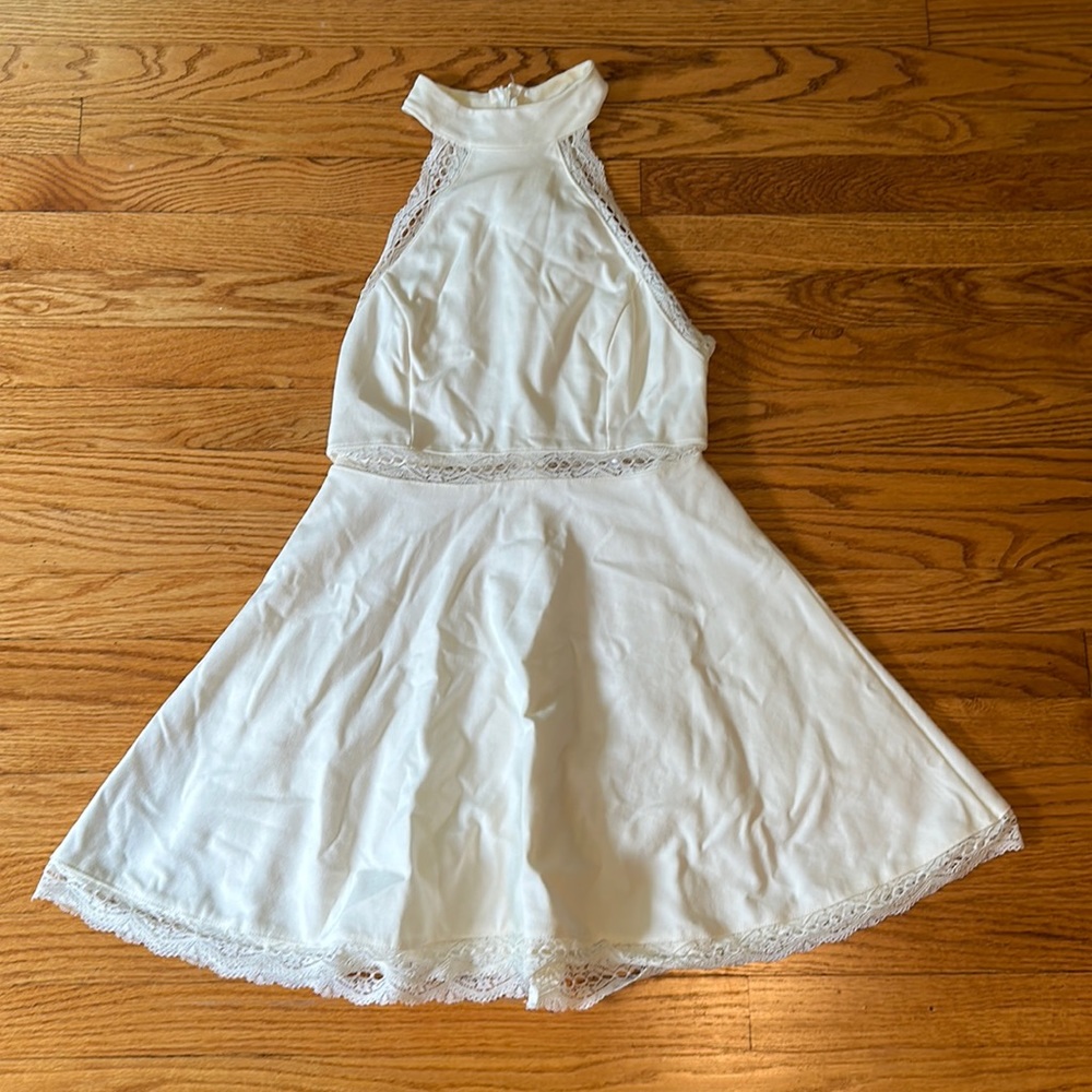 Lulus White High-Neck Mini Dress With Lace Accents